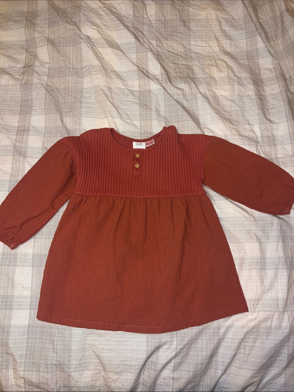 Zara Kids Rust Red Ribbed Bodice Long-Sleeve Dress
